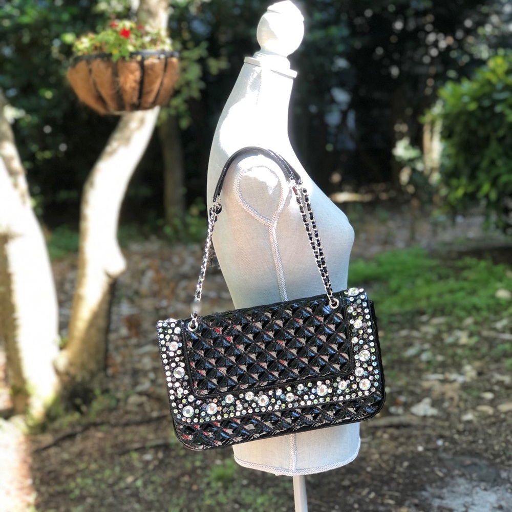 Joan Boyce Black Hand Bag/Purse embellished with sequins and rhinestones NWOT